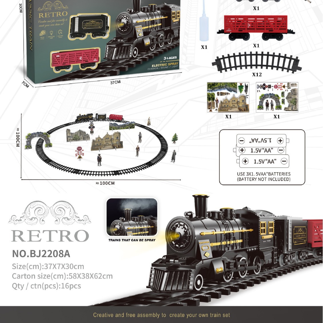 Cross-border Retro Steam Train Track Toy Gift Box suit Boy Simulation Electric Small Train Track Car Toy