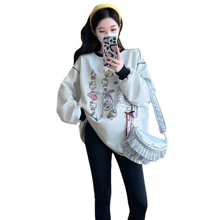 Pregnant Women's Sweatshirt 2024 Fall/Winter New Korean Style Cartoon Age-reducing Printed Loose plus size Mid-length fleece-lined Top