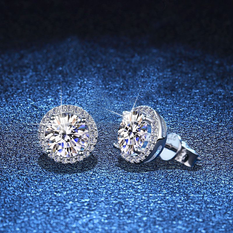 S925 Silver Cross-border Earrings Classic Men's and Women's Four-claw Round Bag Earrings 1 karat Moissanite Earrings for Women