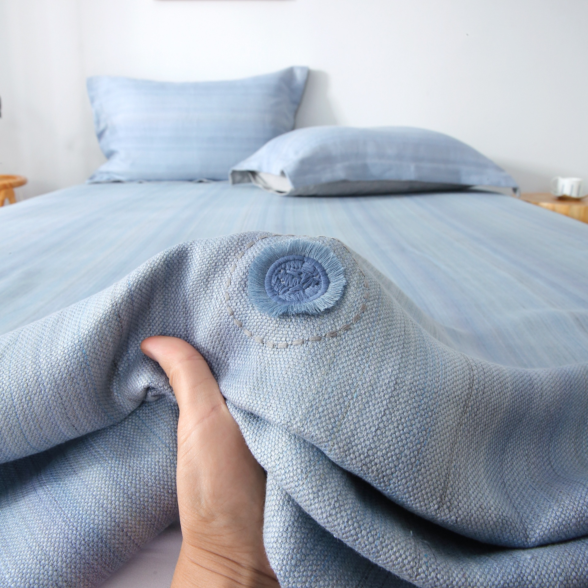 Yutaiyuan Yarn-Dyed Linen Mat Three-Piece Pillowcase Natural Cooling Mat Bedding Set