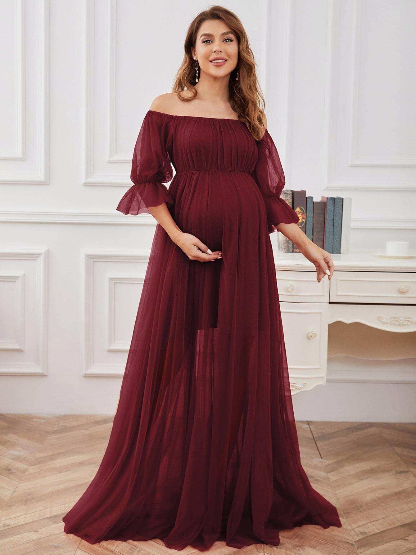 Cross-Border European and American Evening Dress Short-Sleeved Solid Color One-Shoulder Maternity Dress Tulle Long Maternity Dress