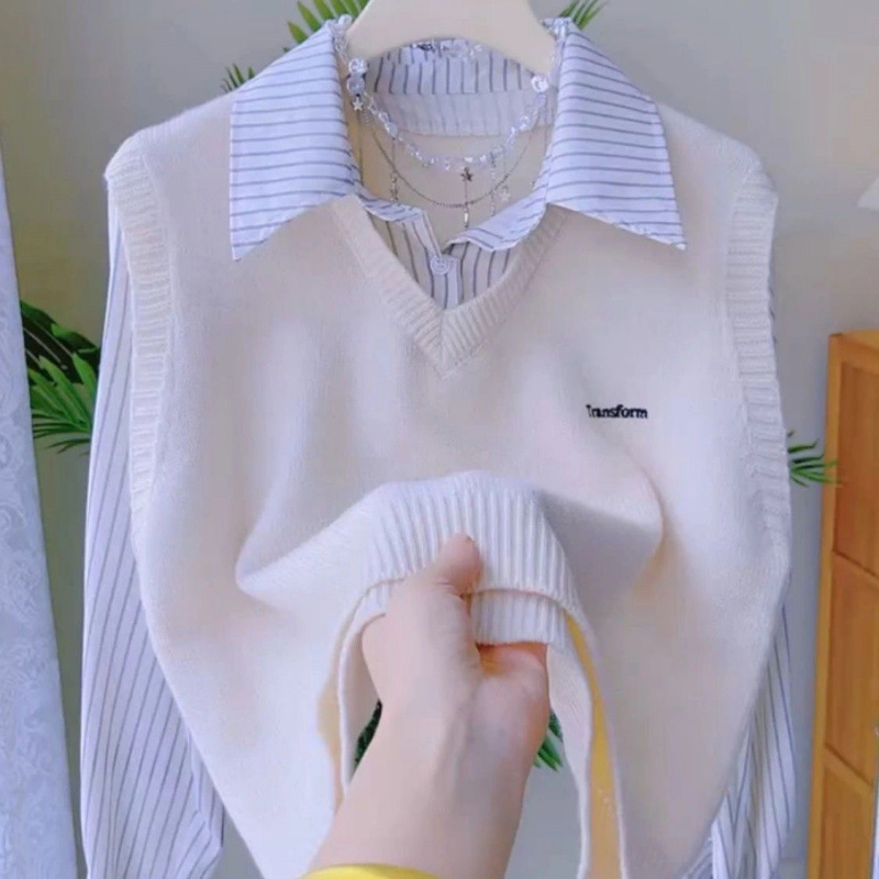 2025 Explosions Fake Two-piece Striped Shirt Women's Early Autumn Short Knitted Shirt Vest Stitching Women's Vest New Top