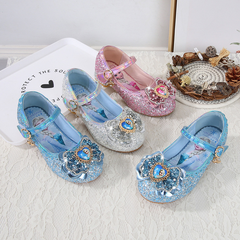 Elsa Princess Shoes Girls High Heels Spring and Autumn New Children's Sequin Shoes Spring and Autumn Single Shoes Little Girls Leather Shoes