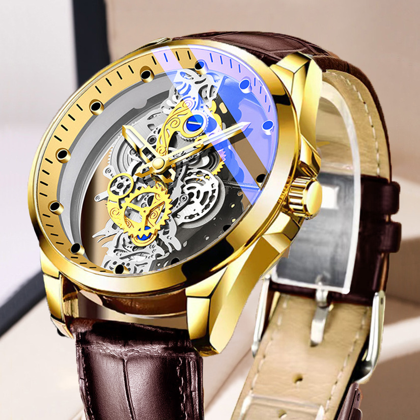 Cross-Border double-sided transparent hollow automatic mechanical watch men's watch men's waterproof luminous quartz watch TikTok New