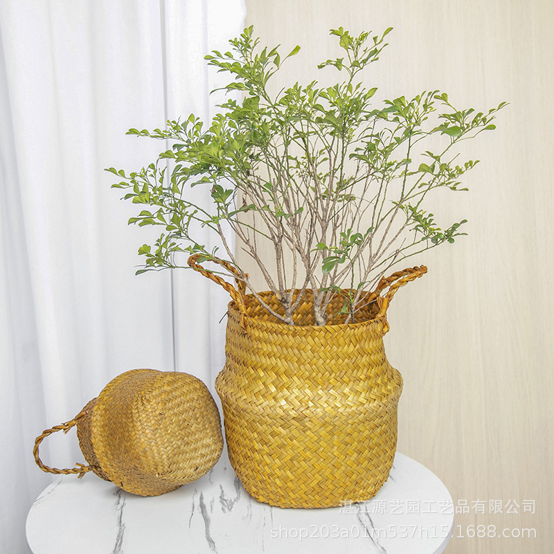 Hand-woven basket with hand gift flower arrangement basket round hand basket makeup storage sundries basket folding big belly basket in stock wholesale