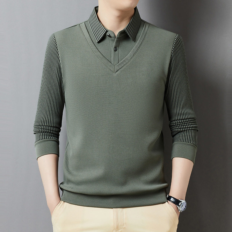 Autumn and Winter Fake Two-piece fleece-lined Thickened High-end Boutique Men's POLO Shirt Middle-aged and Elderly Warm Sweater Men's Turtleneck Shirt