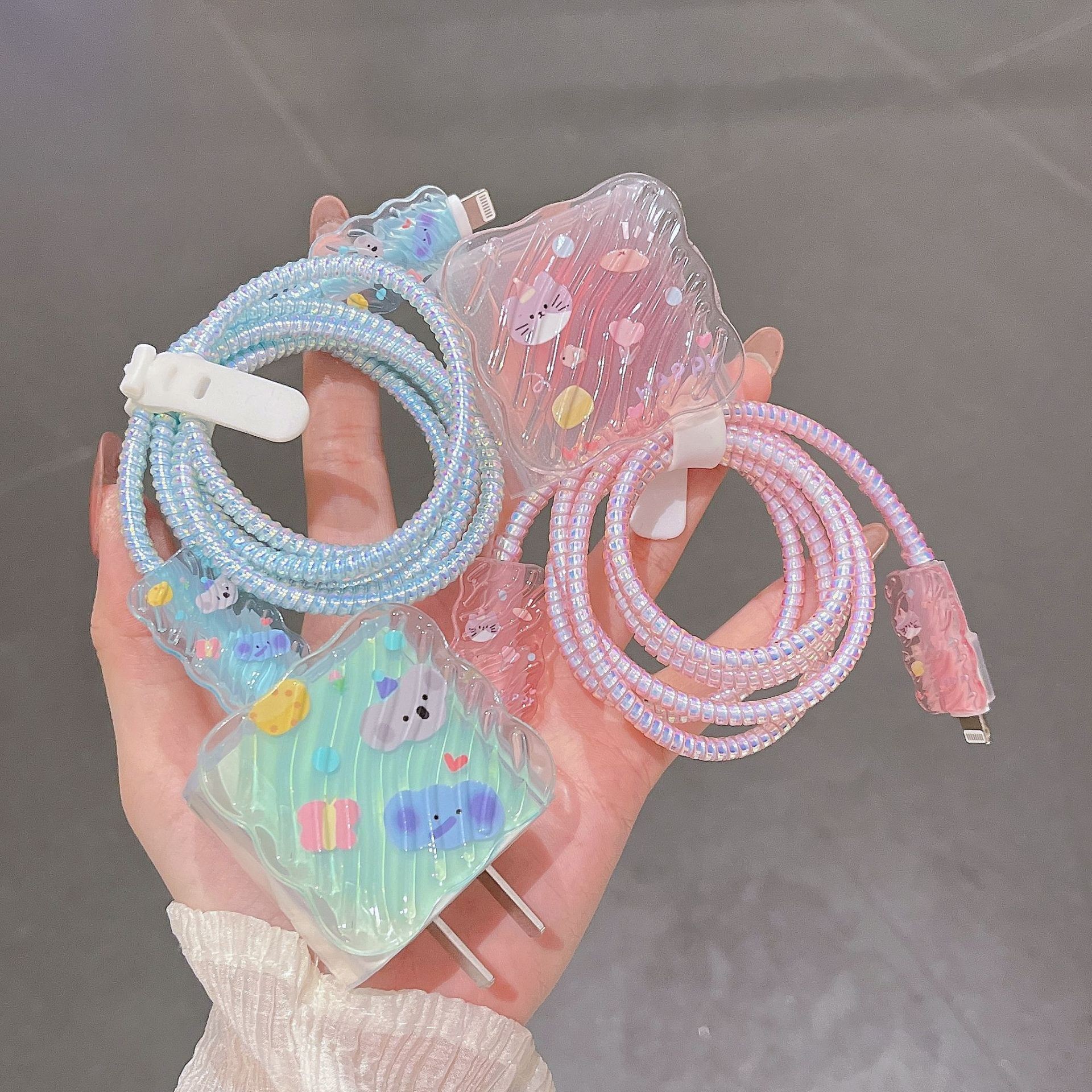 Suitable for Apple Charging Head Cover Protective Cover 20W Data Cable Charger Protective Cover Anti-Break Cartoon Pink Wave