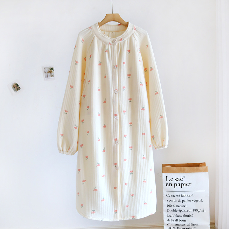Pregnant women's long-sleeved nightdress nursing round neck spring/summer autumn long dress nursing dress sweet floral home dress