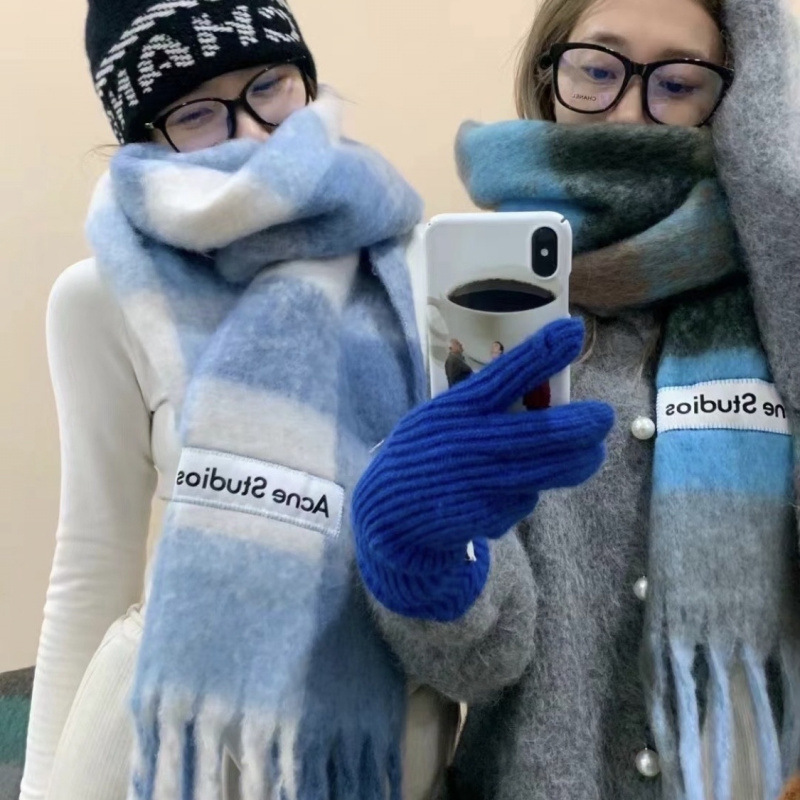 Autumn and Winter New Thickened Warm Rainbow-Colored Plaid Scarf European and American Loop Yarn Thick Tassel Color-Blocking Shawl