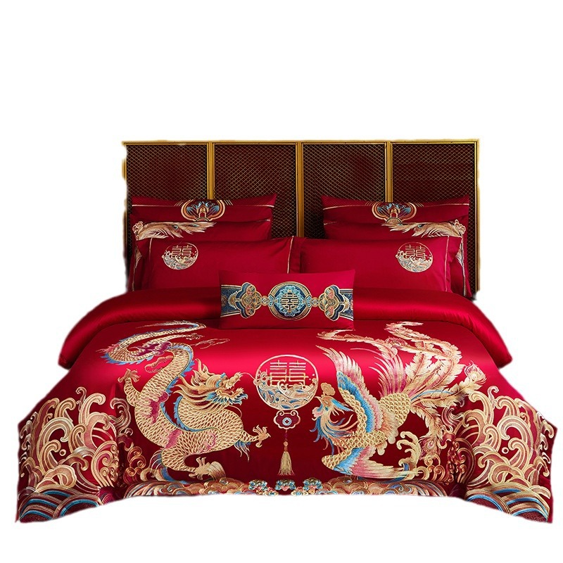 100 high-end long-staple cotton wedding four-piece set big red cotton Xi quilt dragon and phoenix embroidery wedding bedding