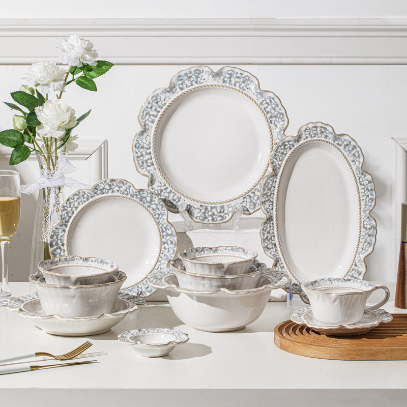 Набор керамической посуды Qingshan Blue: ретро кружево, чашки и блюдца, рисовые миски