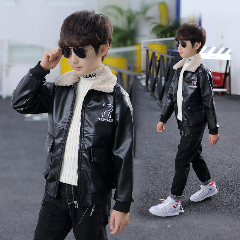 Boys' Fleece-Lined Thickened Leather Jacket Children's Autumn and Winter PU Leather Jacket Motorcycle Handsome Coat Children's Clothing