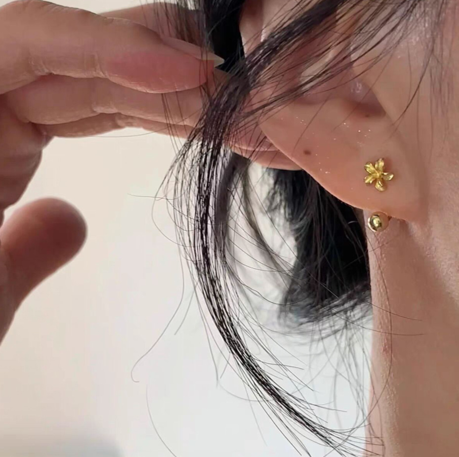 Two-belt style earrings petal screw earrings fairy temperament two-belt U-shaped rear hanging earrings niche design