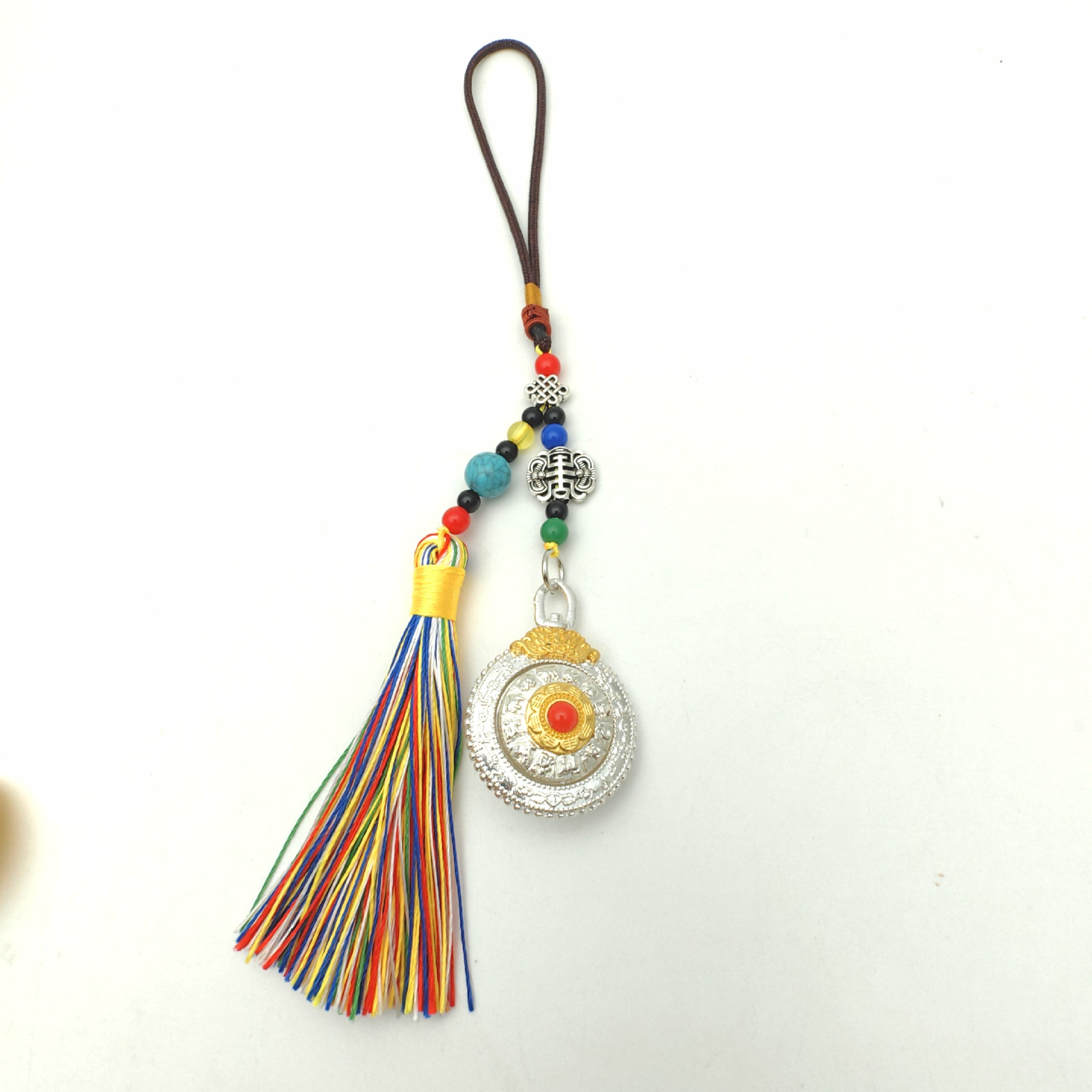 Jiugong and Bagua Twelve Zodiac Signs Double-Sided Rotatable Ethnic Style Ancient Burnt Blue Tassel Pendant Bag Hanging Keychain with