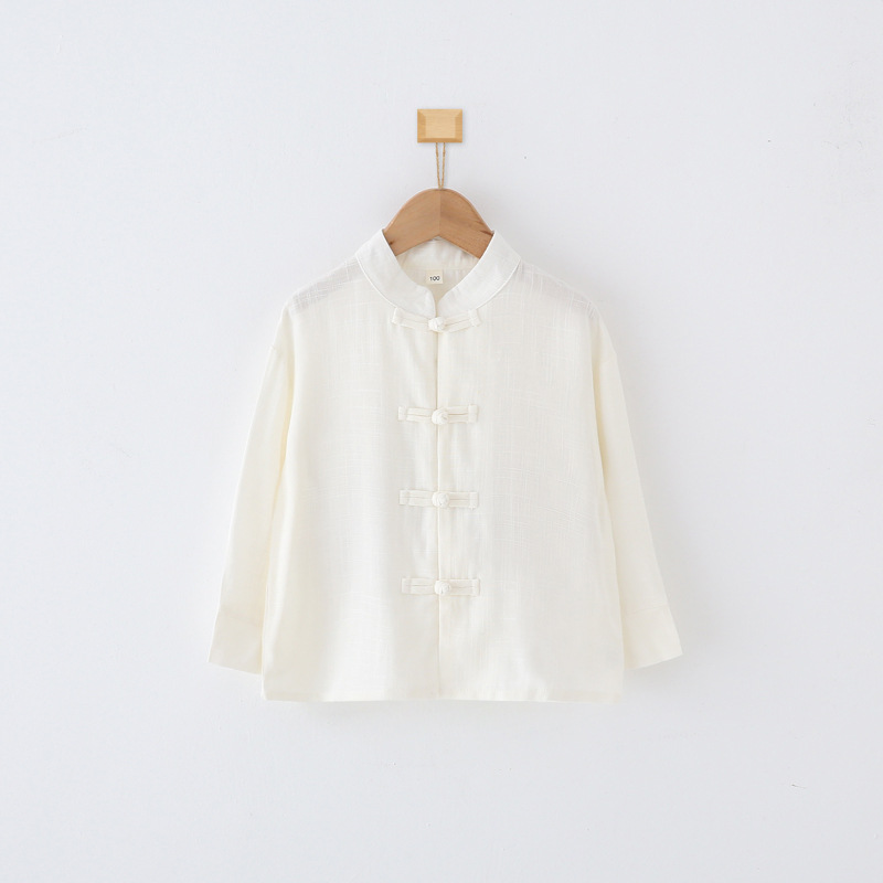 Children's Hanfu Cotton Base Shirt Lace-up White Shirt Cross Collar Baby's Tang Suit Short-sleeved Solid Color Long-sleeved Shirt