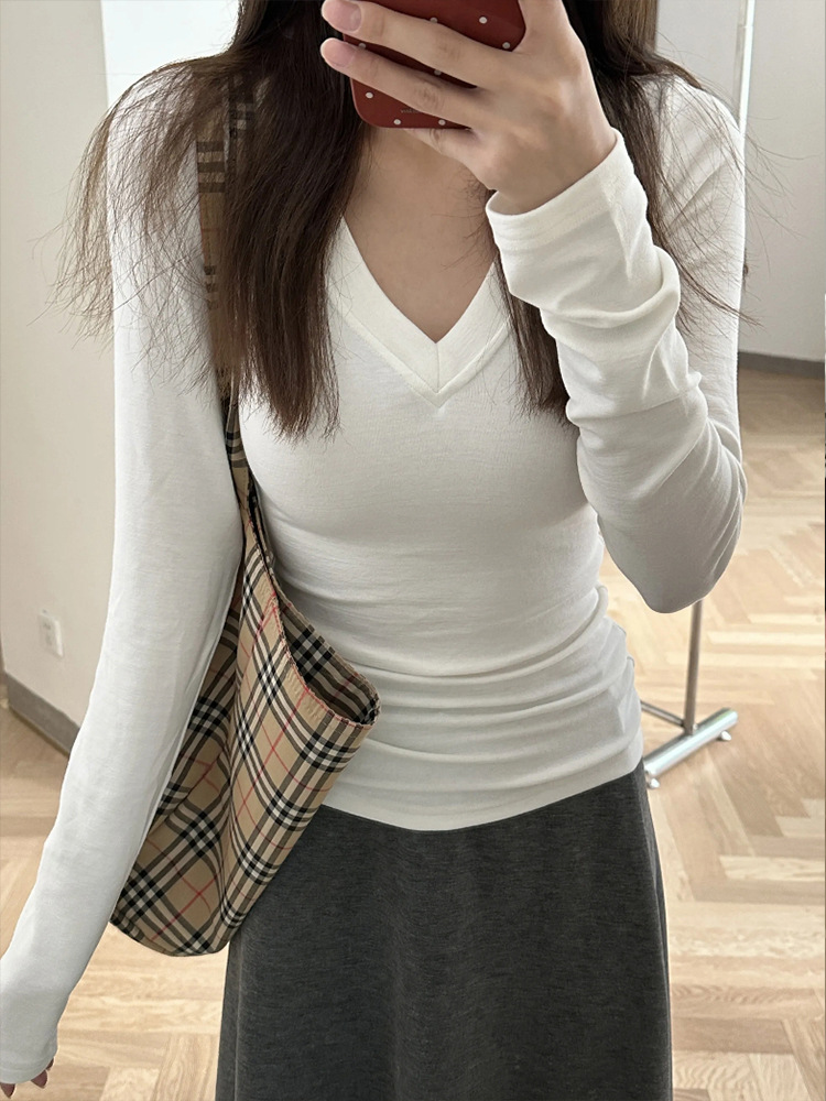 American V Neck German Velvet Sexy T-Shirt Long-Sleeved Top 2025 Autumn and Winter New Style Right Shoulder Slim Warm Inner Layering Shirt