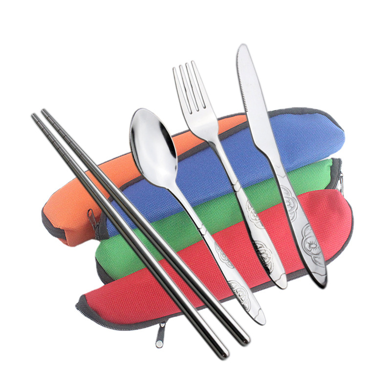Western Food Tableware Set Knife and Fork Spoon Stainless Steel Spoon Fork Chopsticks Three-piece Portable Triangle Bag Printable LOGO