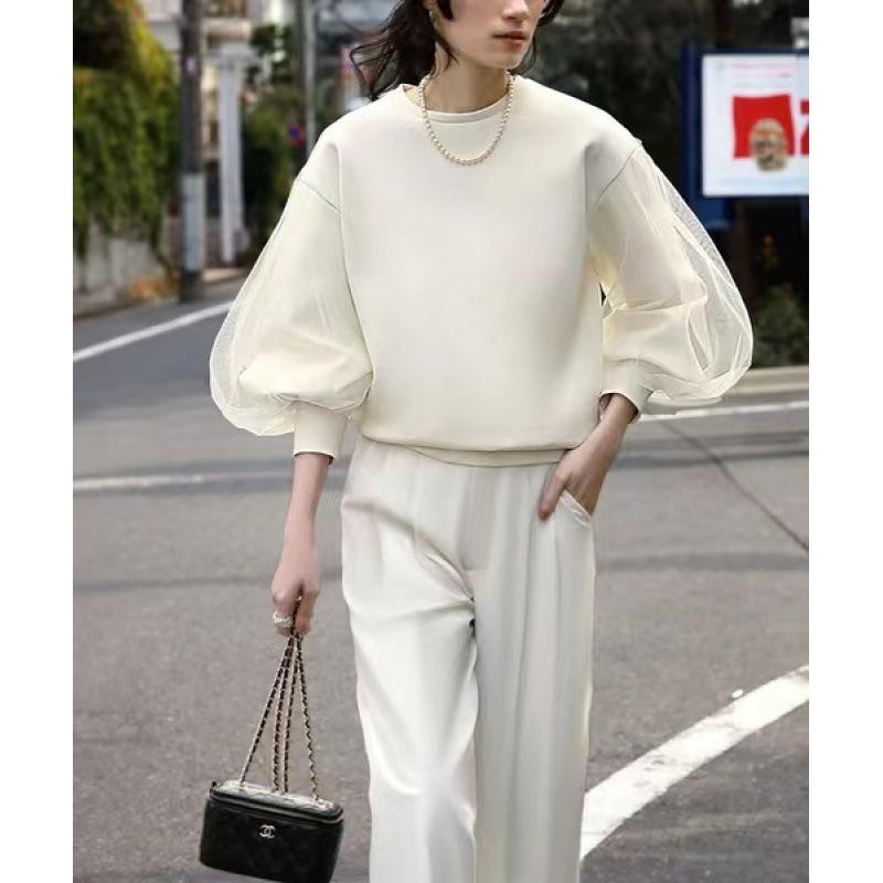 Cross-border Foreign Single Japan and South Korea 2024 Autumn Slim Mesh Sleeves Loose Pullover Design Sense Slim Sweat Women