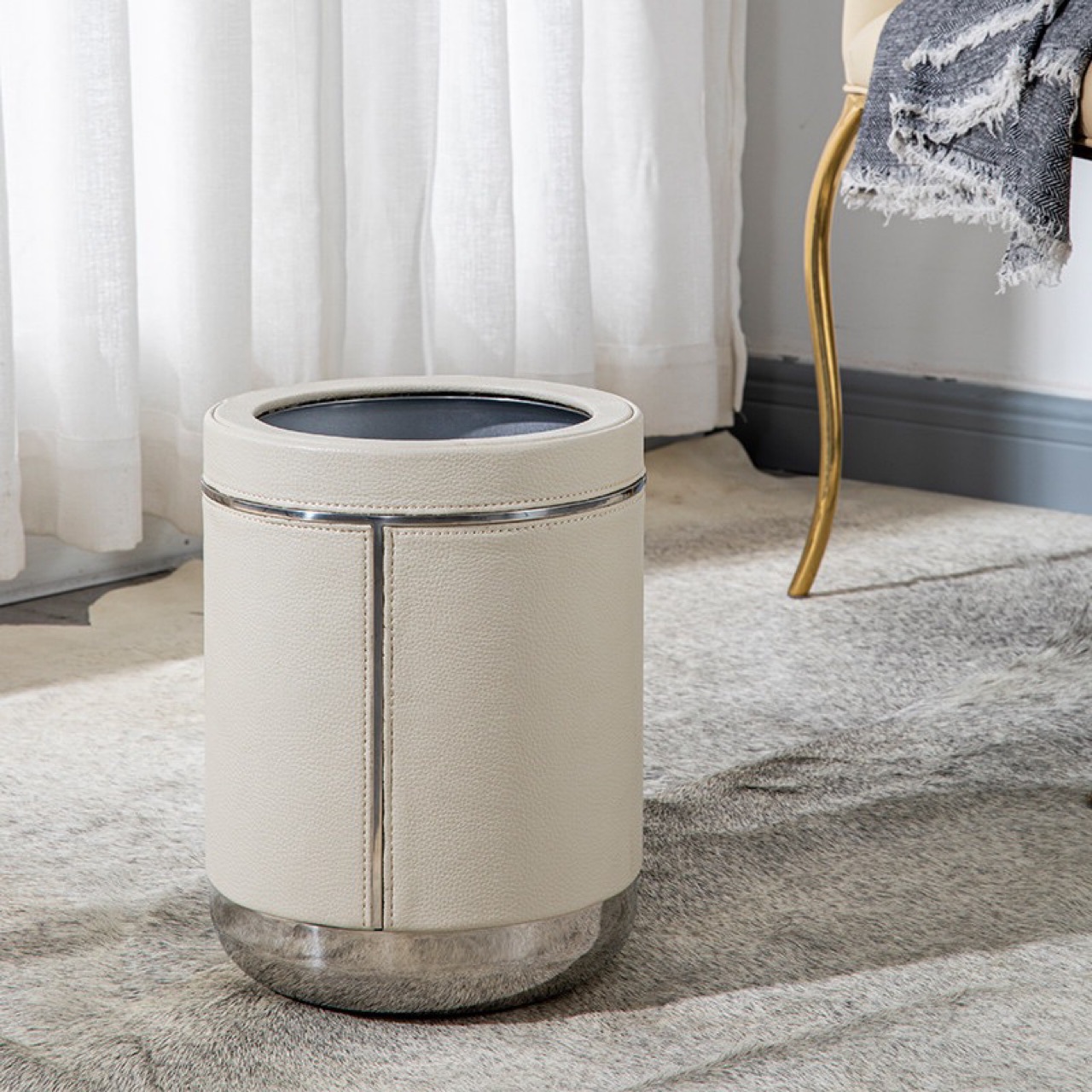 Мусорное ведро из нержавеющей стали и кожи Модель 2024 Гостиная Спальня Большая ёмкость Хранение Домашние аксессуары