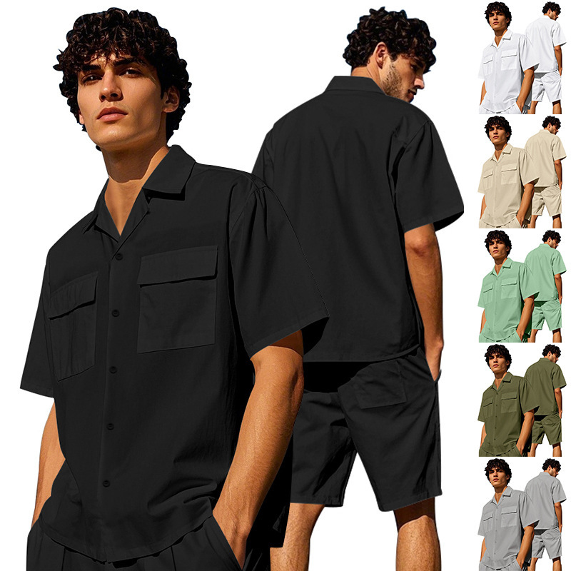 Independent Station New Men's Summer Suit Foreign Trade Cross-Border Men's Solid Color Breathable Shirt Shorts Two-Piece Fashion Set