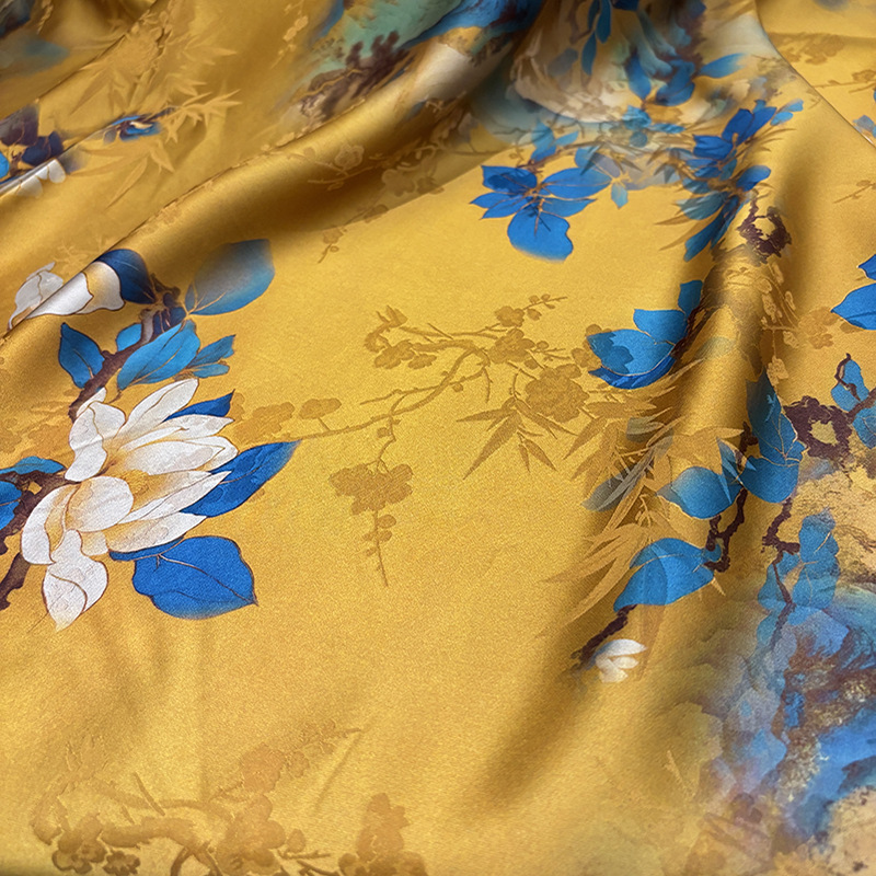 Golden Fragrant Cloud Yarn Fabric Satin Mulberry Silk Imitation Silk Jacquard Chinese Style Cheongsam Clothing Fabric Floral Fabric