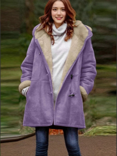 2025 Women's Fashionable Casual Fleece Mid-Length Hooded Jacket