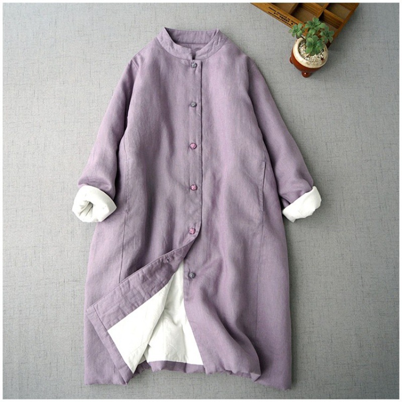 2025 Autumn/Winter Artistic Retro Loose Plus Size Women's Linen Layered Stand Collar Buttoned Mid-Length Coat Cotton Jacket