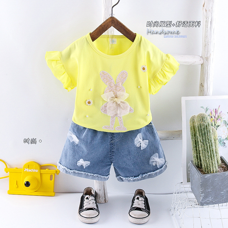 Летний комплект для девочек, короткий рукав, корейский мультяшный стиль, два предмета
