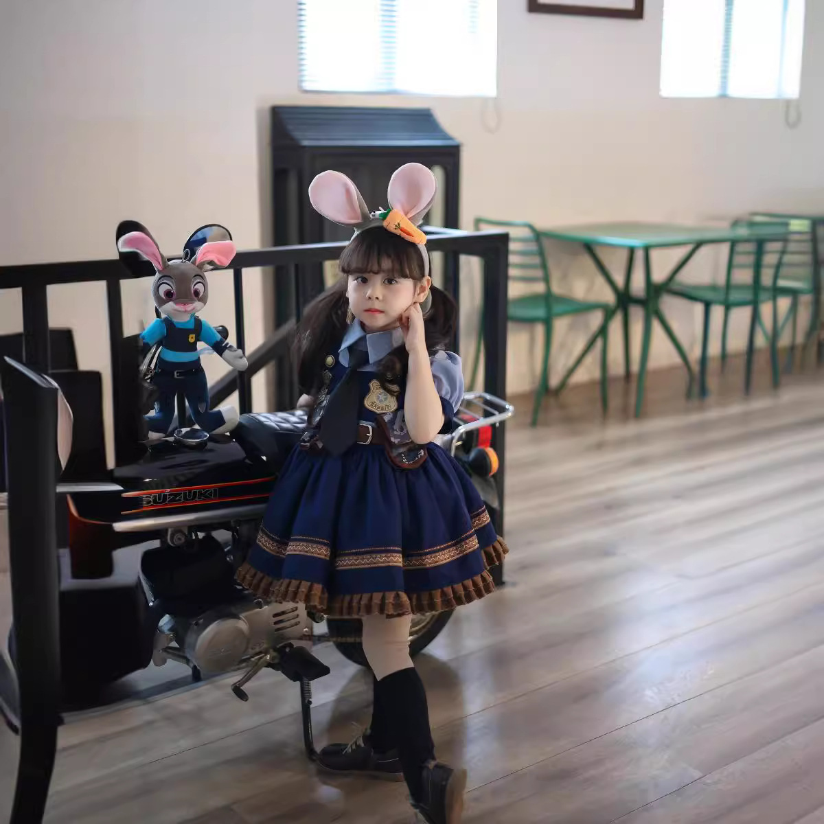 2024 Spring and Summer New Children's Rabbit Police Officer Cos Suit Cartoon Lolita Fake Two-Piece Girls Dress