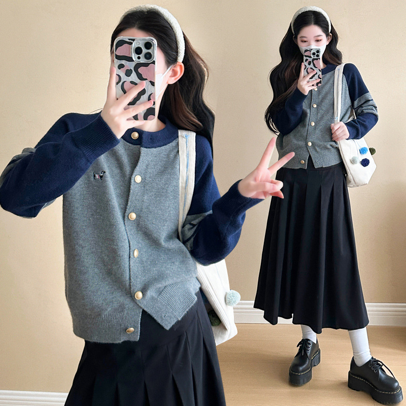 Maternity Knitted Preppy Style Top, Short Outwear, Pleated Woolen Skirt Suit