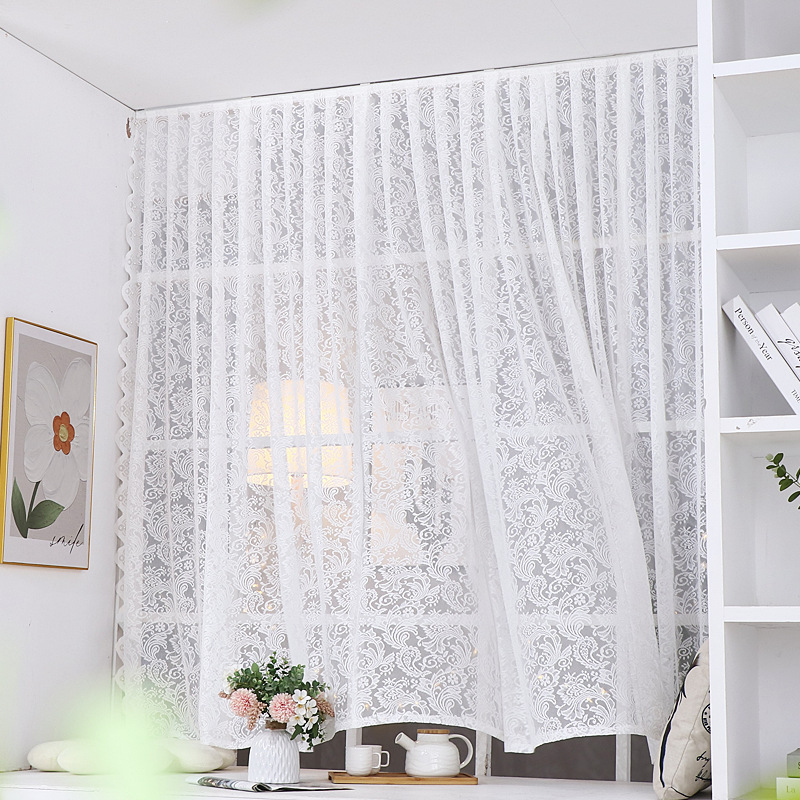 No-Drill Korean-Style Lace Partition Door Curtain for Kitchen and Bedroom, White Sheer Curtain with Rod, Small Floating Curtain, Half Curtain with Magic Tape