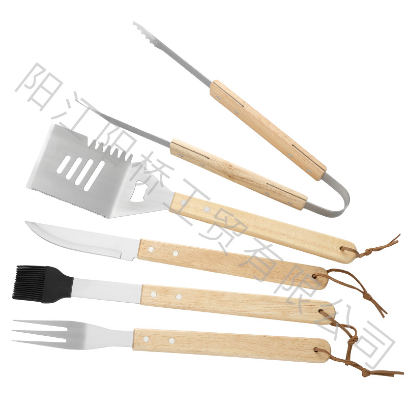 in stock manufacturers stainless steel barbecue tools suit outdoor BBQ wooden handle fork shovel clip combination barbecue full suit