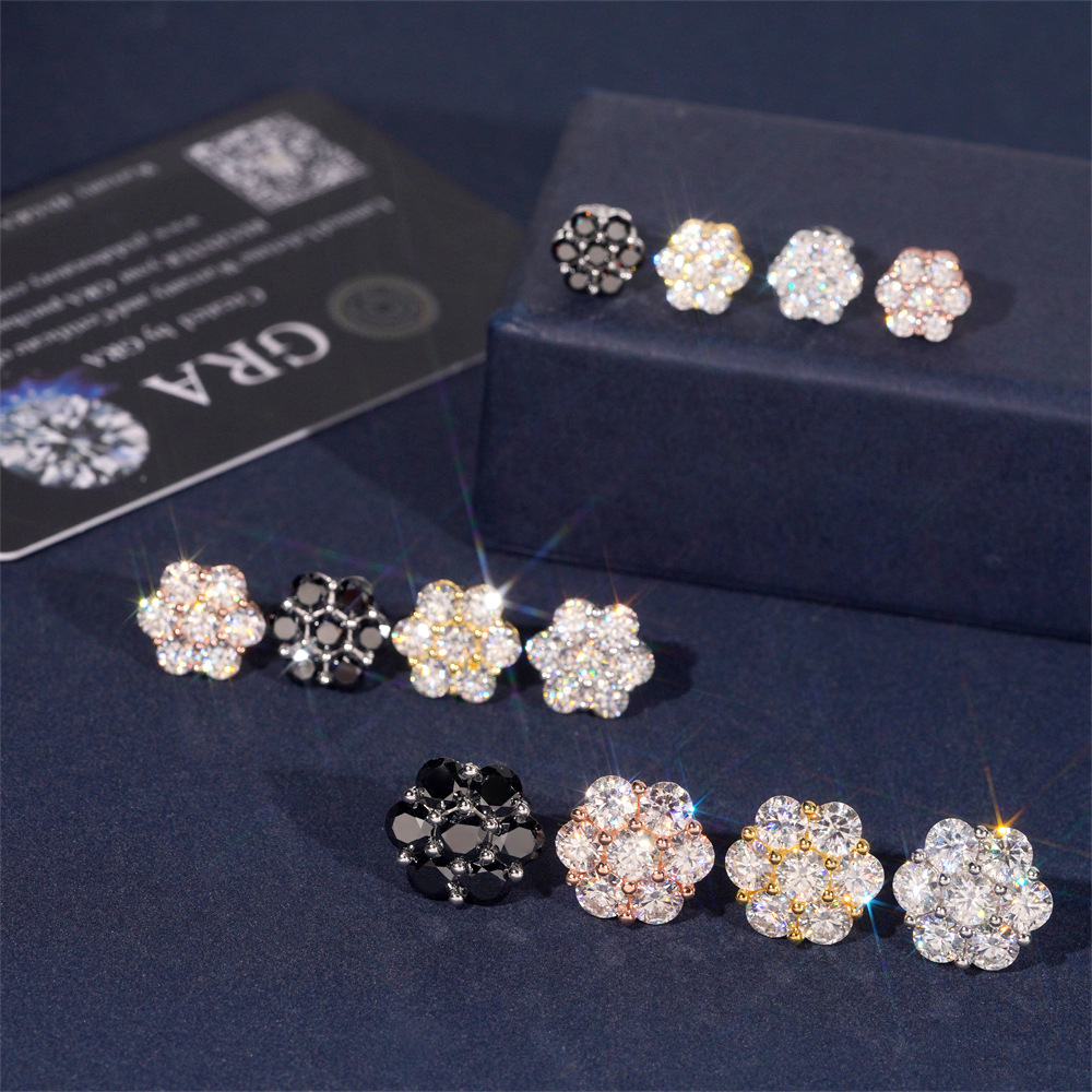 9mm Cross-Border Hip-Hop New Flower Full Diamond Personalized Earrings High-End S925 Silver Moissanite Earrings Wholesale