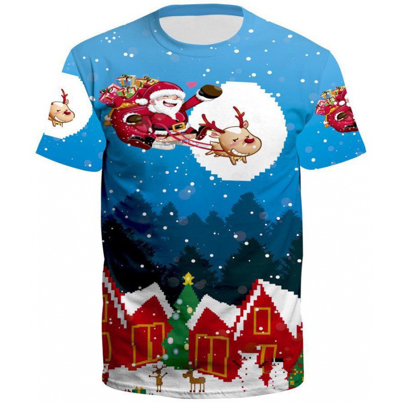 Cross-border New Christmas Short-sleeved T-shirt 3D Printing European and American Couple Style Round Neck T-shirt Santa Claus Factory
