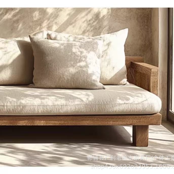 Solid Wood Sofa Quiet Style Vintage Living Room Sofa Homestay Villa Old Elm Sofa Small Apartment Double Sofa