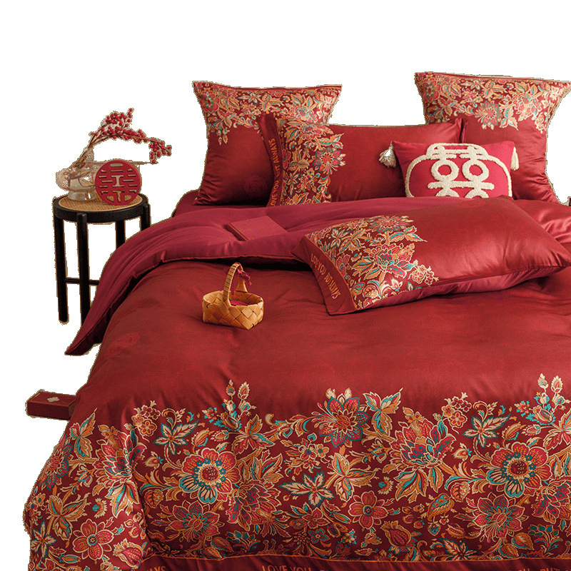 New Chinese Style Wedding Four-Piece Set Red Wedding Quilt Cover Bed Hat Wedding Room Wedding Quilt Bed Sheets Wedding Accompanying Bedclothes