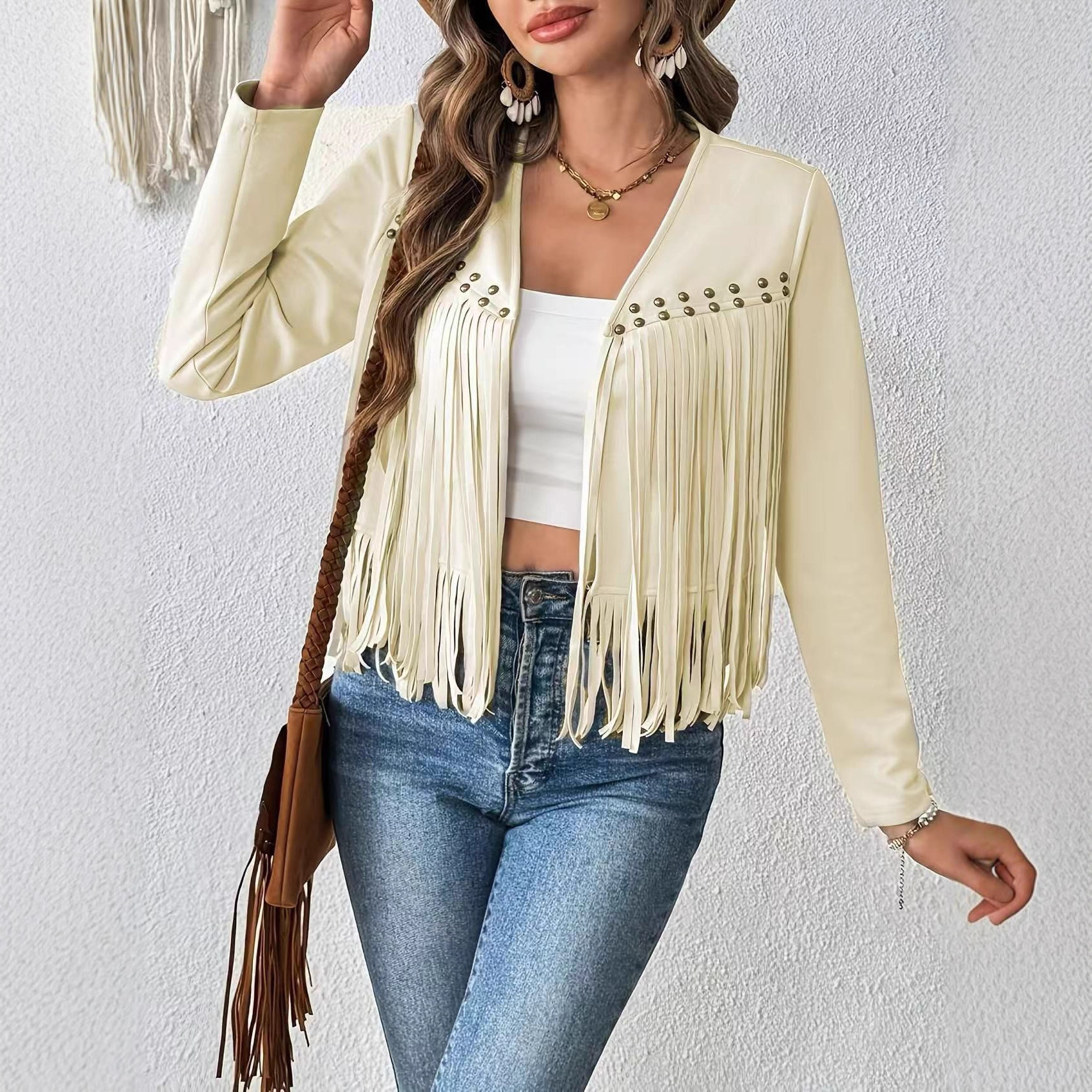 2025 Amazon New Tassel Jacket Women's Suede Studded Decorative Buttonless Mid-Length Jacket Long-Sleeved Cardigan