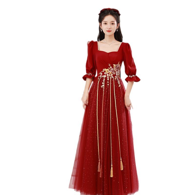 plus size Toast Dress Bride Slim 2025 New wine red chubby girl Wedding Engagement Door Dress Women's High-end Sense