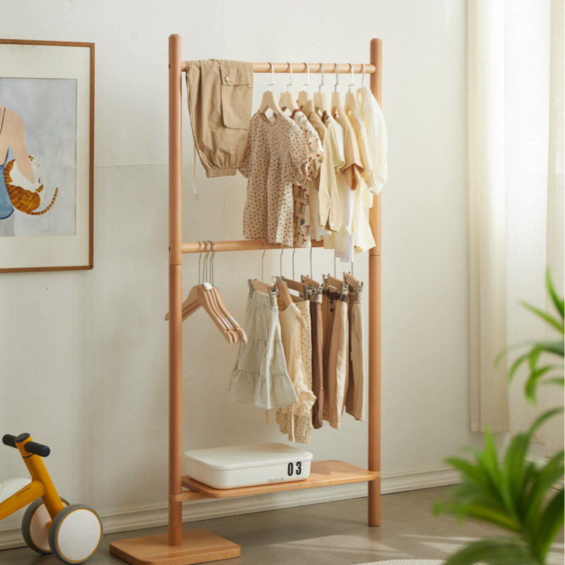Solid wood coat rack Japanese-style simple children's clothes hanger bedroom floor-standing baby clothes hanger vertical storage hanger