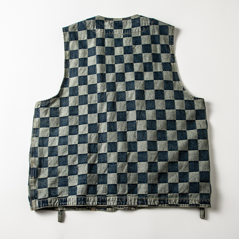 Japanese-Style Multi-Pocket Vintage Denim Motorcycle Washed Distressed Plaid Denim Work Vest Men's Loose Vest Jacket