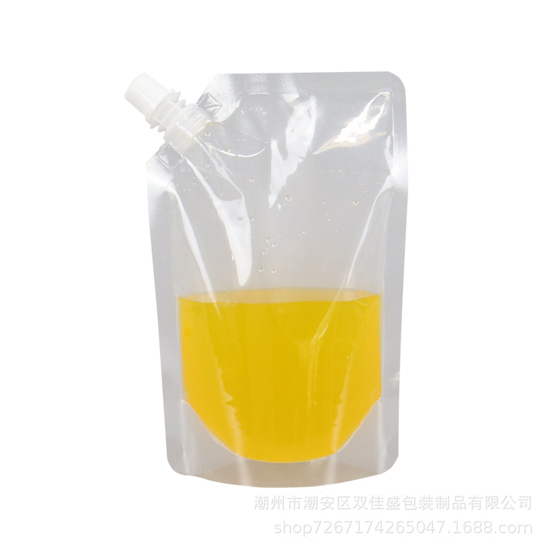 In stock transparent self-standing oblique pocket juice beverage suction nozzle plastic food bag milk tea soybean milk packing bag wholesale