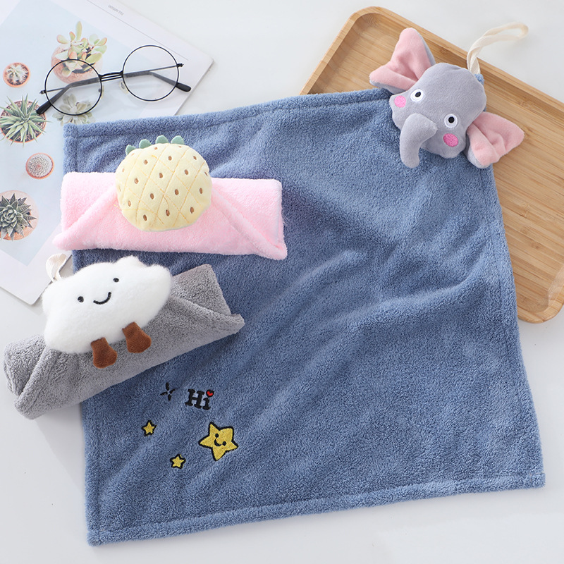 Wholesale thickened extra large coral fleece doll hand-mounted absorbent towel cute handkerchief embroidery square towel
