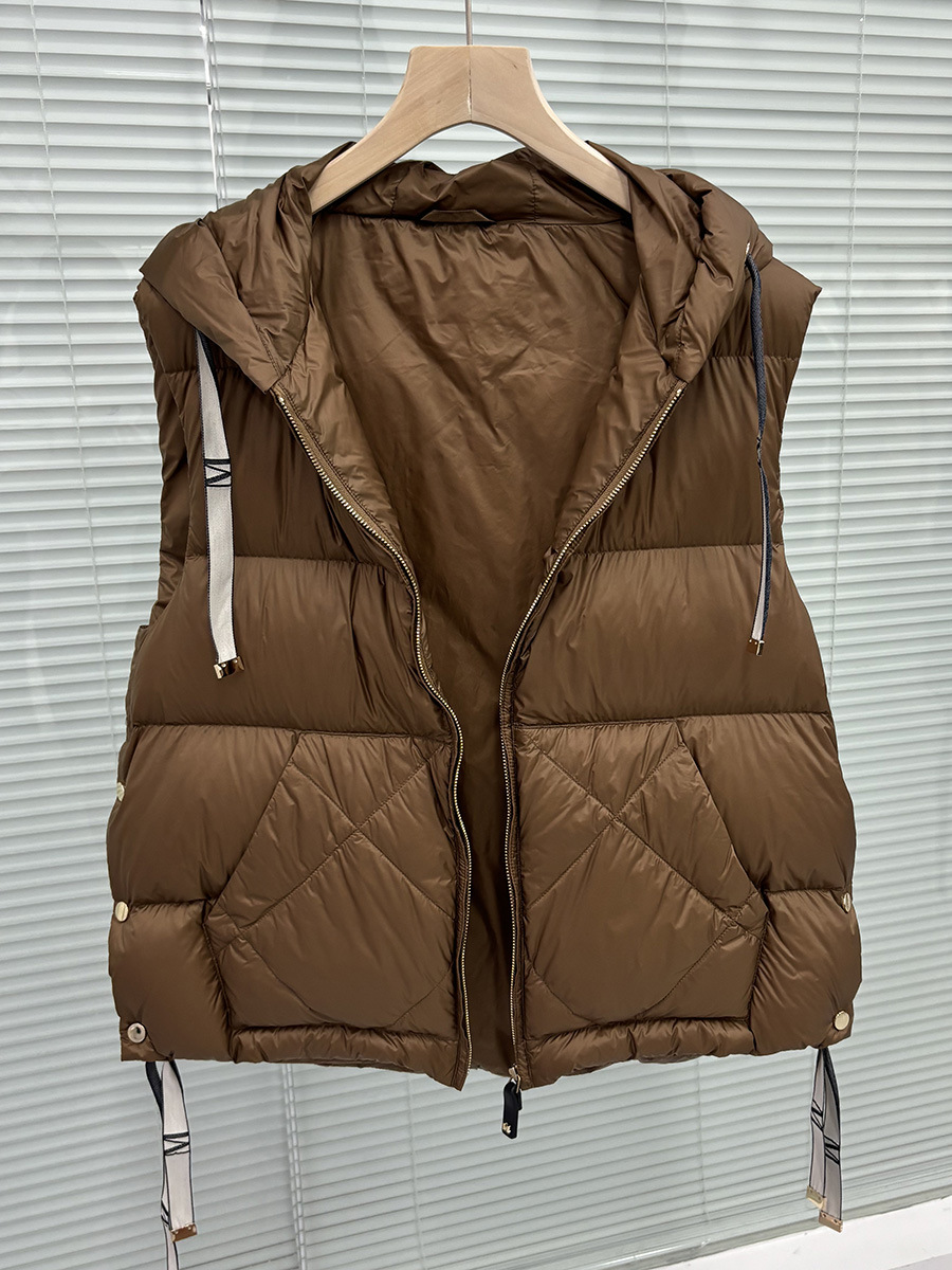 2025 Foreign Trade White Duck down Short Hooded Letter Drawstring Vest Autumn and Winter Clothing down Jacket Side Button Coat Trendy