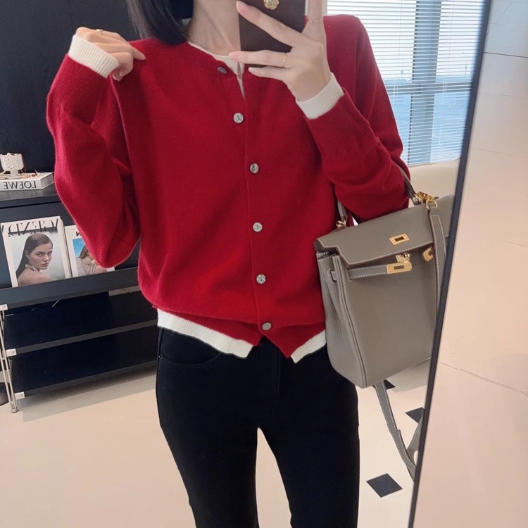 French Stitching Color Contrast Fake Two-piece Wool Knitted Cardigan Women's Loose All-match Stacked Sweater Color Matching Cashmere Jacket