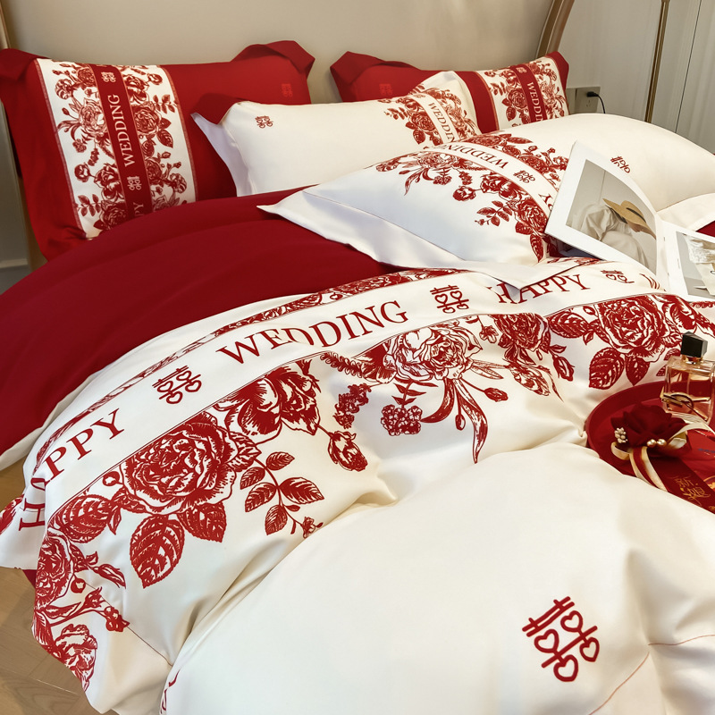 Light Luxury Wedding Four-Piece Set with Chinese-Style Print, High-End Red Duvet Cover, Festive Fitted Sheet, New Wedding Bedding