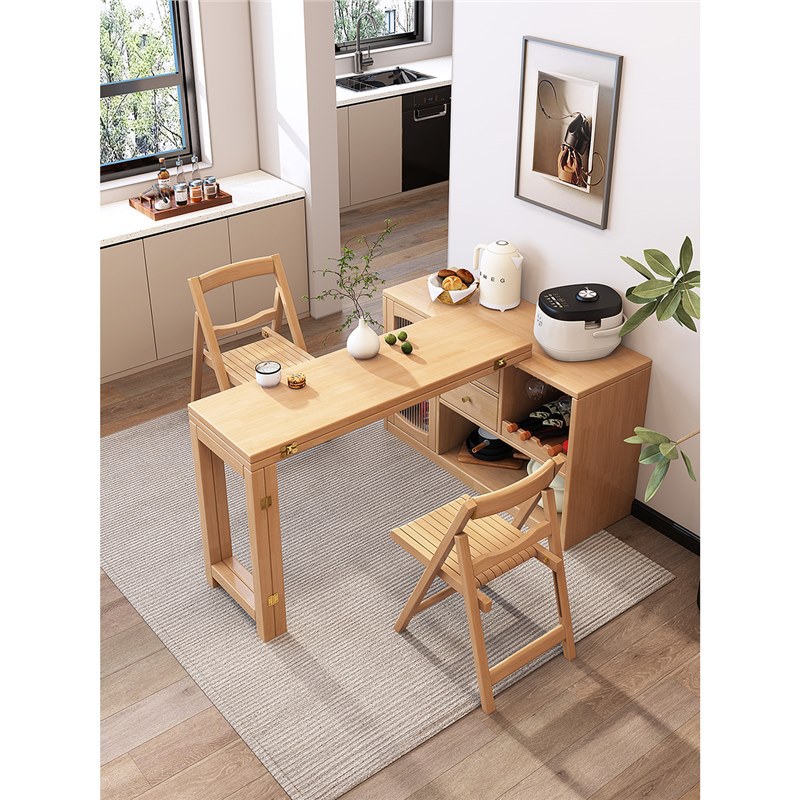 Nordic Solid Wood Dining Table and Chair Sideboard Cabinet Integrated Combination Modern Simple Small Apartment Wall Folding Multifunctional Bar Counter