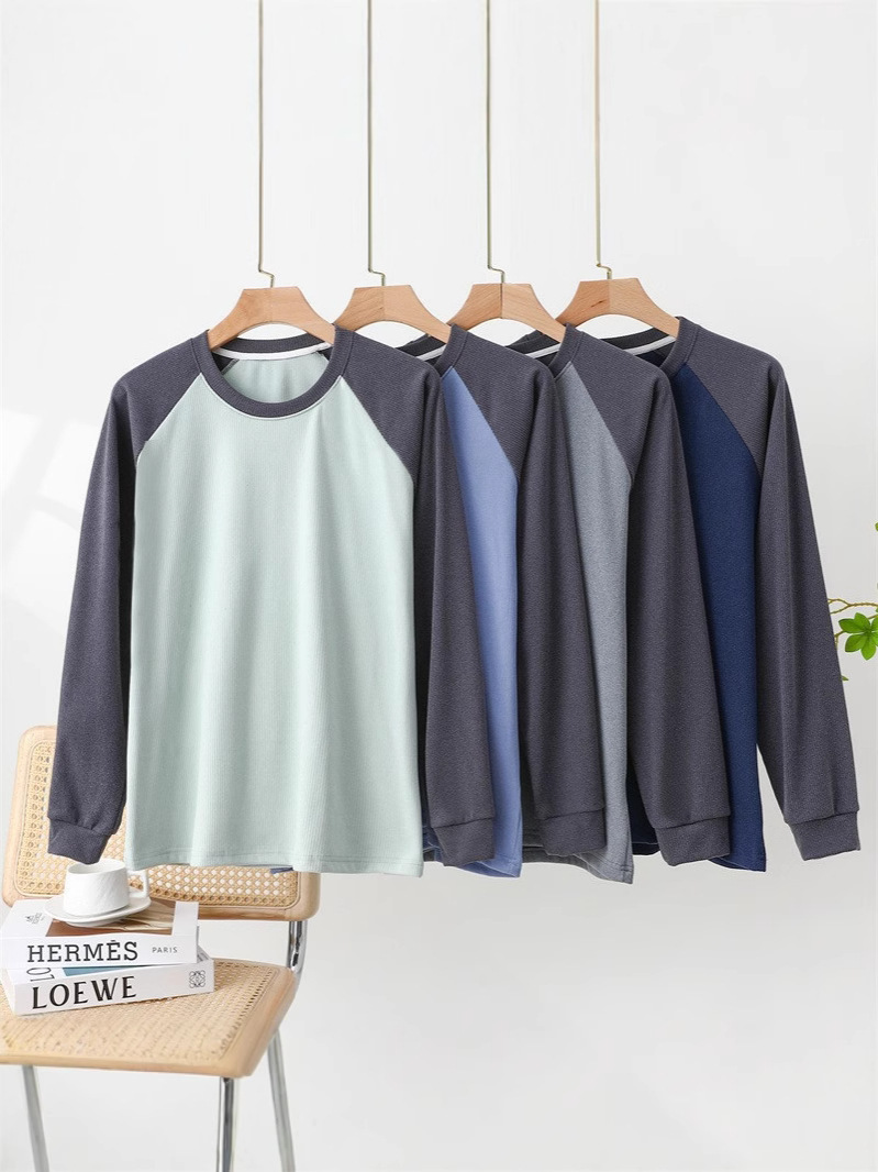 Round Neck Warm Top for Men, Autumn and Winter Color-Blocked Raglan T-Shirt, Large Size Elastic Base Layer Shirt, Autumn Clothing