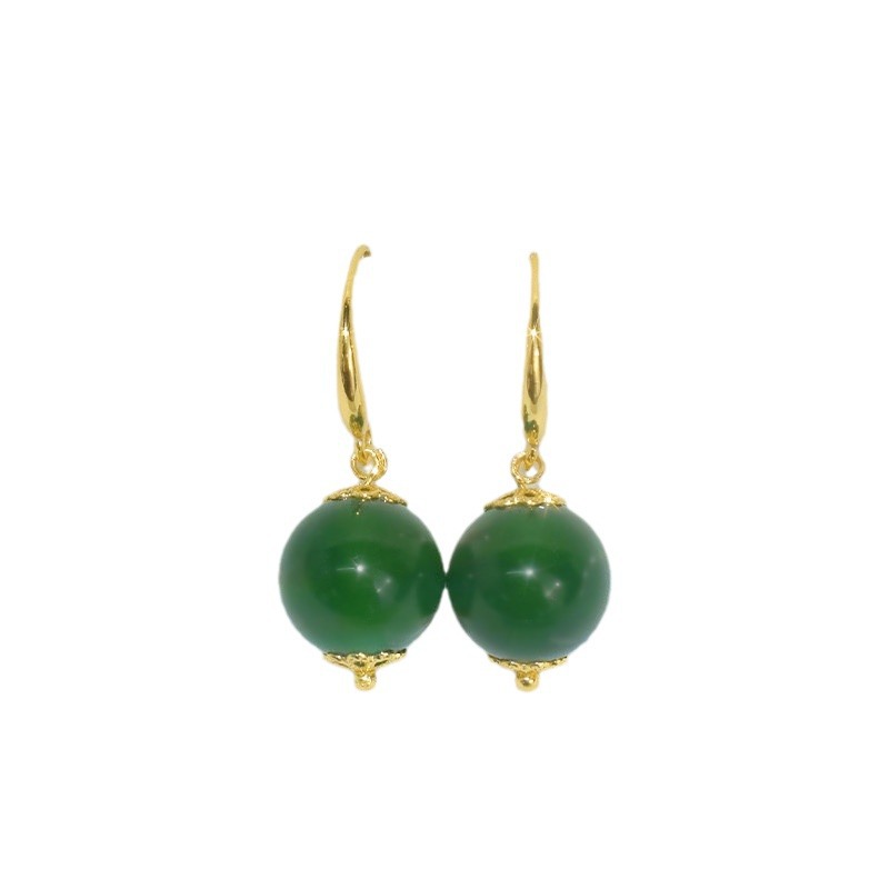 12mm-14mm large point round natural green chalcedony ear hook Joker green chalcedony ear accessories factory wholesale fashion
