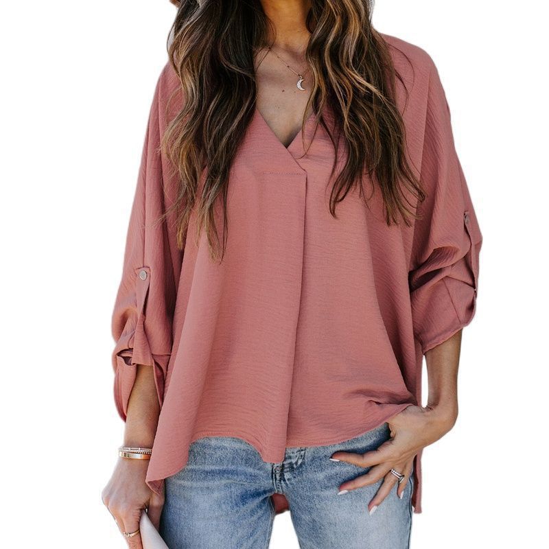 2023Ebay Aliexpress 2022 Spring and Summer New Product Sexy V Neck Loose Large Size Shirt Versatile Casual Top for Women