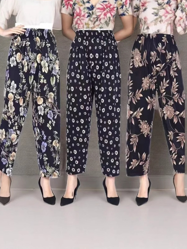 Брюки для женщин среднего и пожилого возраста, из льняного шелка, свободные, высокие, летние